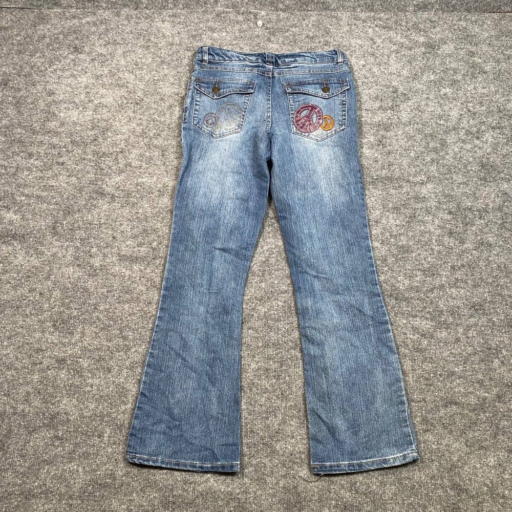Arizona Jean Co Women Blue Flare Peace Sign Embroidered Jeans Size 14 Regular